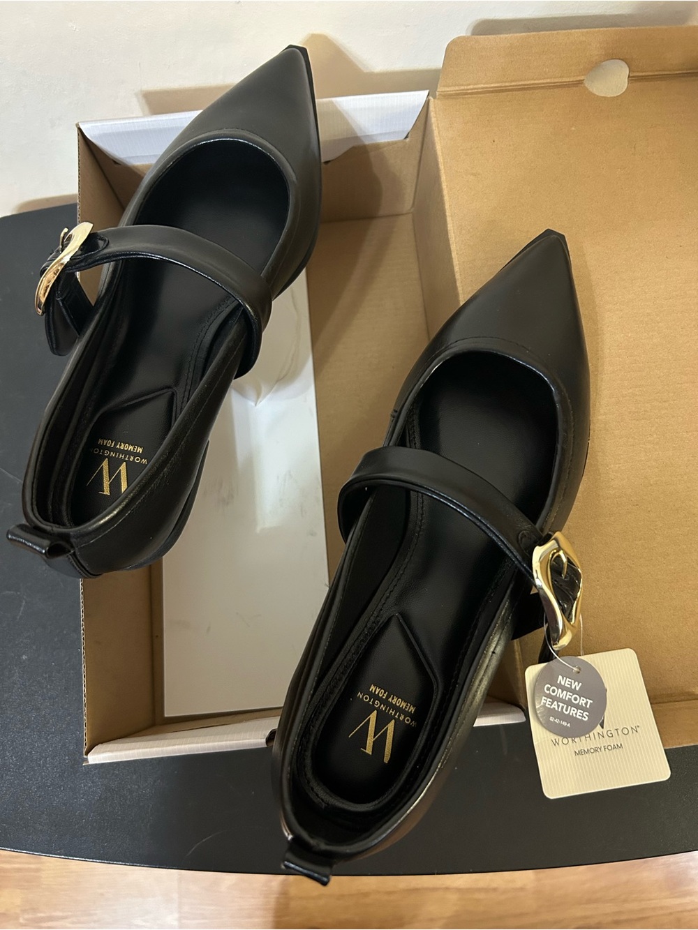 Worthington Black Pointed Mary Jane Flats with Gold Buckle Accent